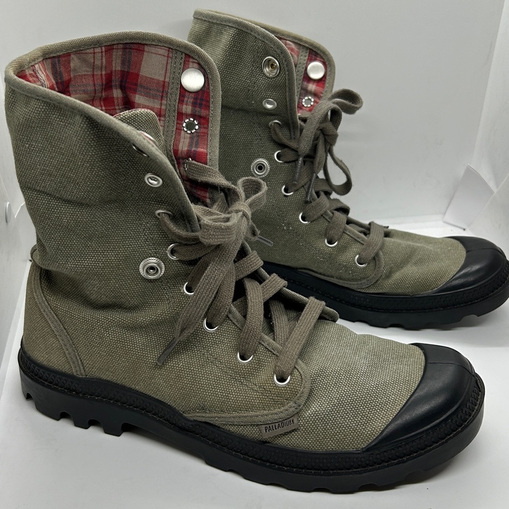 Palladium Baggy Olive Canvas w Red Plaid Fold Over Lace-Up Boots - Men’s Size 9 - Picture 3 of 12